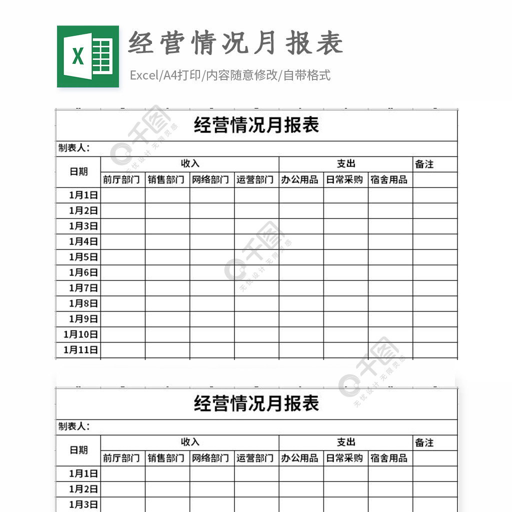 經營情況月報表excel表格模板免費下載_xlsx格式_編號35563403-千圖網