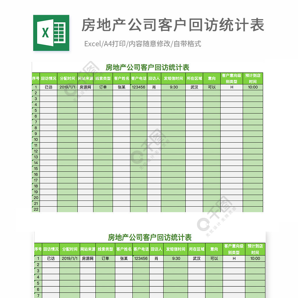 房地產公司客戶回訪統計表 模板免費下載_xlsx格式_編號35579772-千