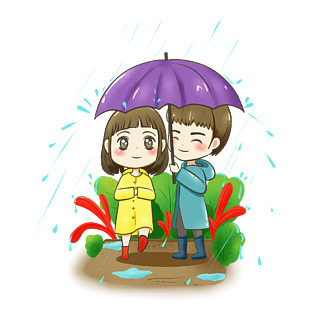 男孩给女孩撑伞下雨可爱卡通