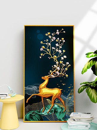 现代晶瓷高档金箔<i>珐</i><i>琅</i>彩金色麋鹿装饰画