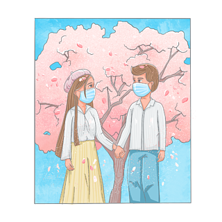 卡通漫画风手绘站在樱花树的男女情侣小清新