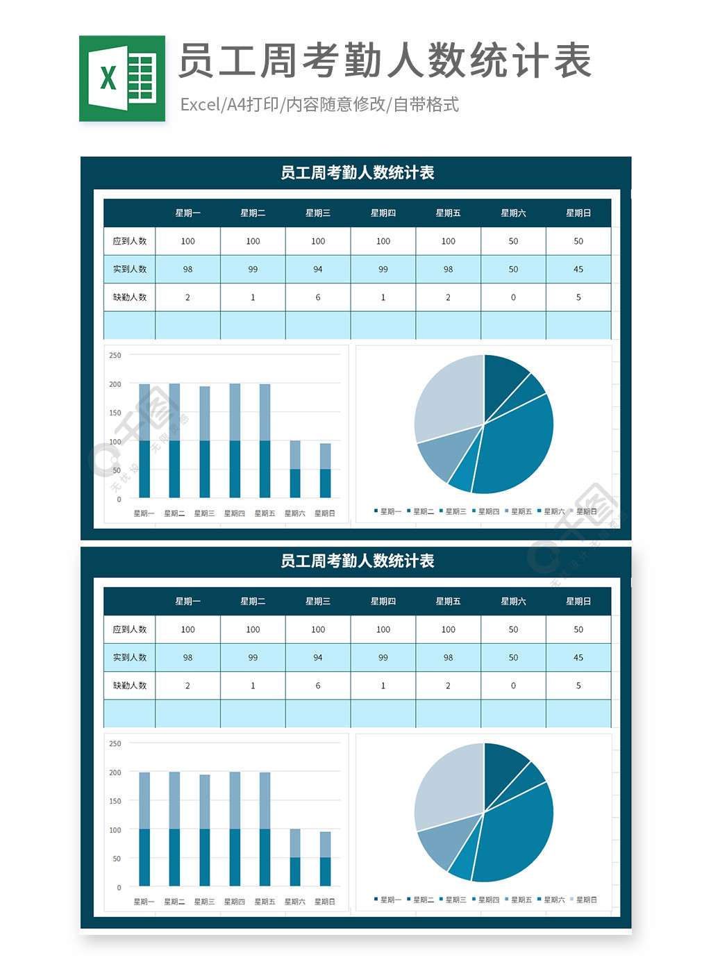 員工週考勤人數統計表模板免費下載_xlsx格式_編號35798092-千圖