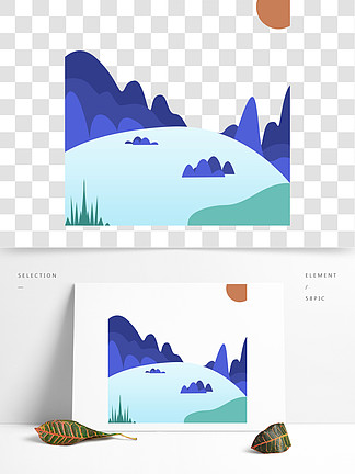 卡通手繪 i>扁 /i> i>平 /i> i>化 /i>清新簡約中國 i>山 /i> i>水 /i