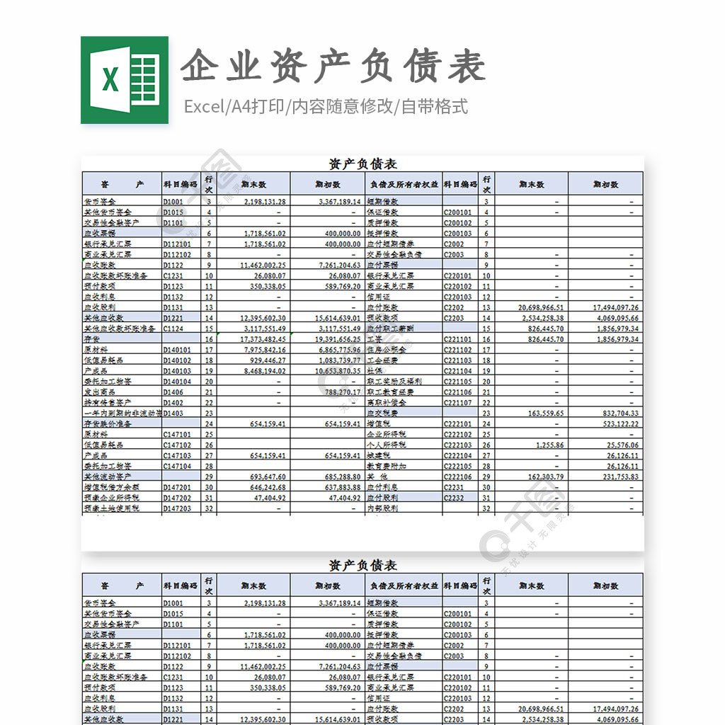 企業財務資產負債表excel模板免費下載_xlsx格式_編號35923938-千圖網