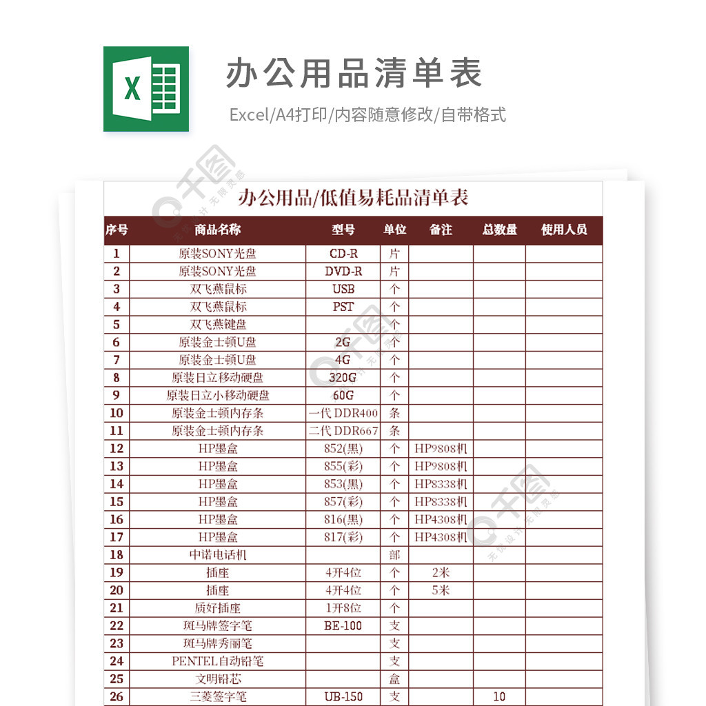 辦公用品清單表格1年前發佈