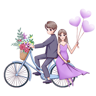 情人节浪漫情侣骑自行车车篮鲜花紫色气球