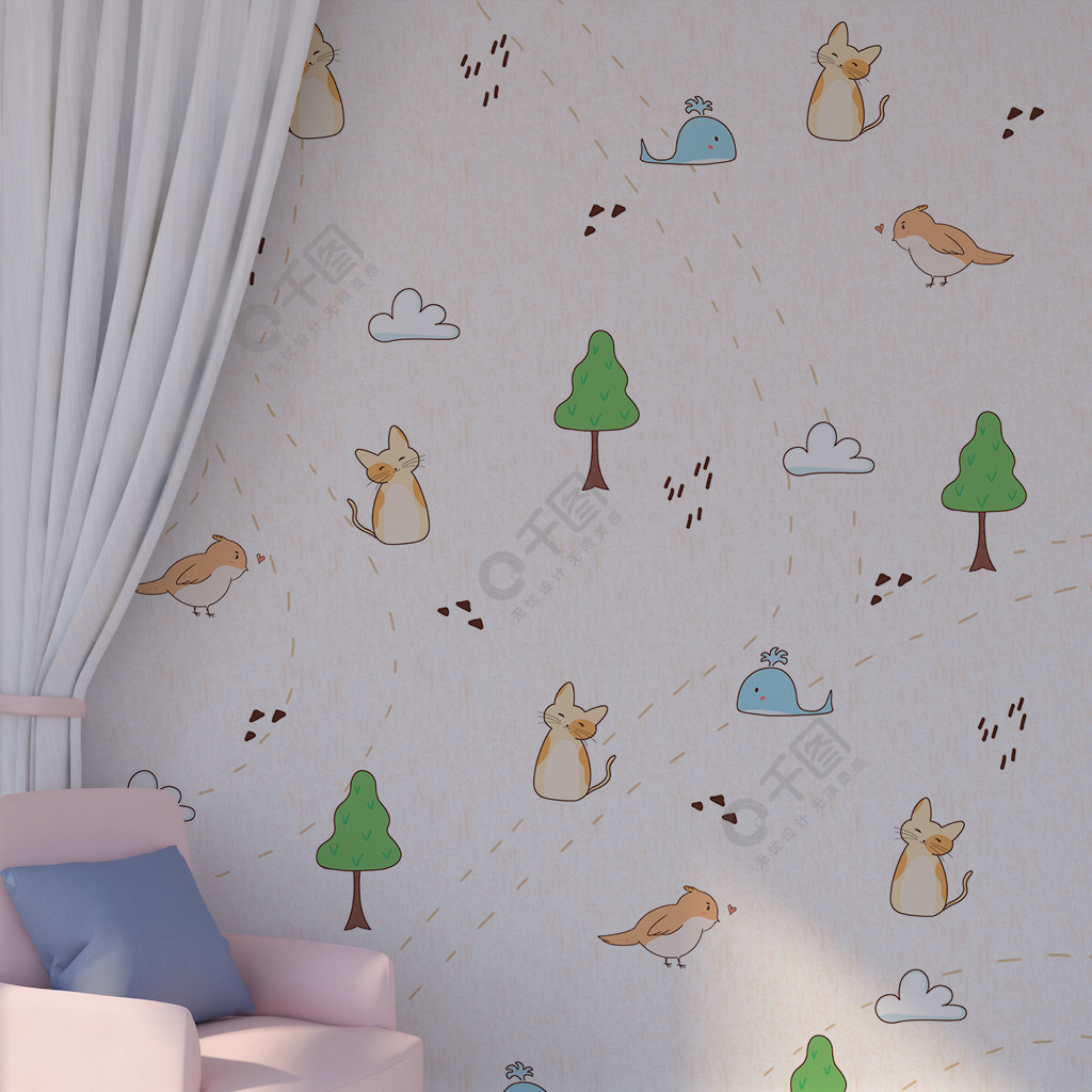 手绘卡通空间场景系列墙纸猫鸟树可爱墙面