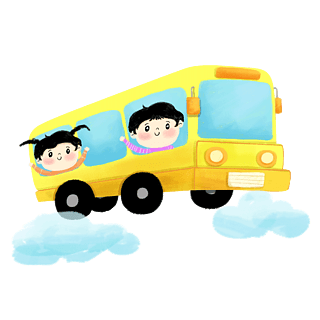 卡通孩童开心乘校车上学图