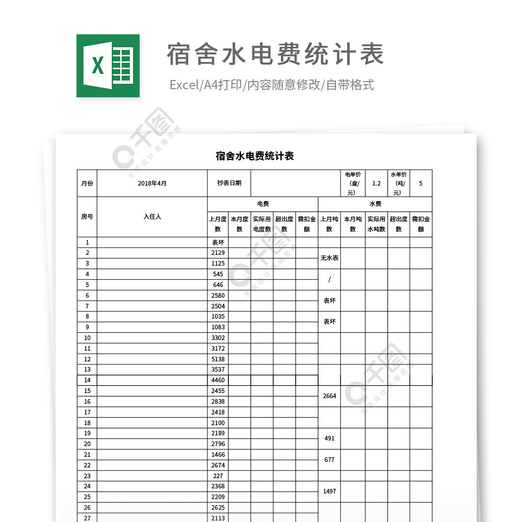 公司學校出租房宿舍水電費統計記錄表格模板