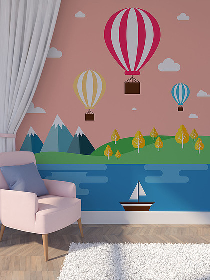 儿童房梦幻粉色热气球卡通壁画装饰背景墙