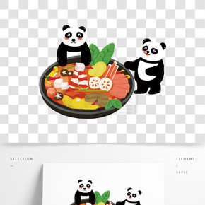 四川熊猫吃美食火锅手绘插画
