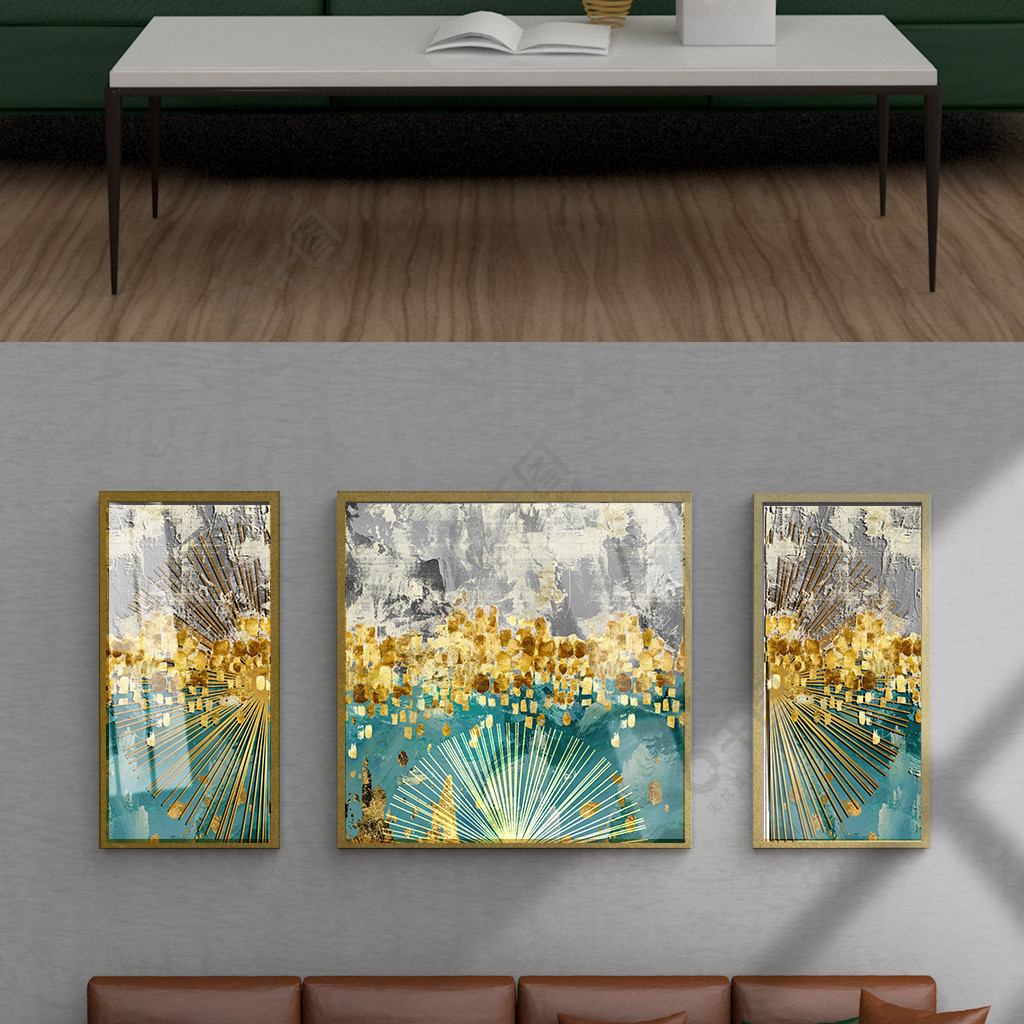 现代抽象金箔客厅三联手绘油画几何装饰画