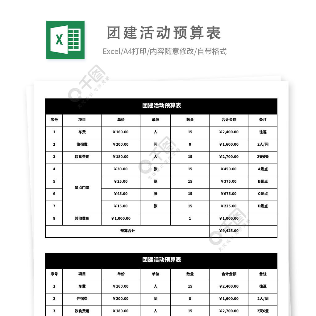 团建活动预算表模板