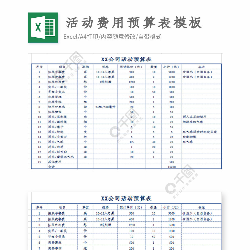 活動費用預算表模板