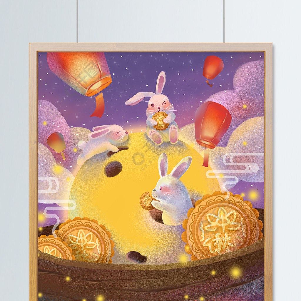 中秋节日海报手绘玉兔吃月饼放花灯月亮插画