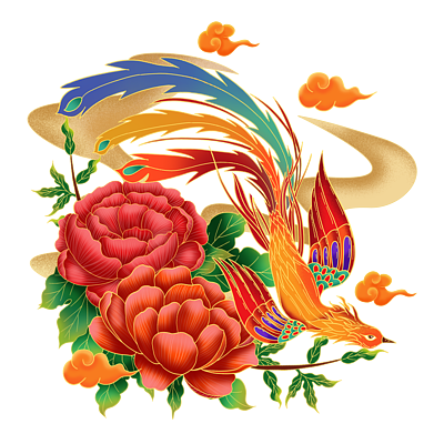手绘国潮中国花鸟牡丹凤凰祥云装饰图案