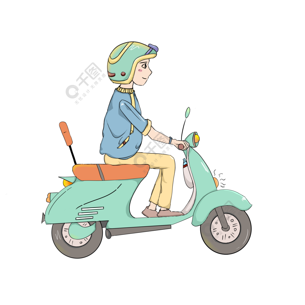 摩托车戴头盔的男孩手绘插画素材剁手补给站