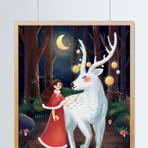圣诞夜肌理唯美麋鹿和女孩插画
