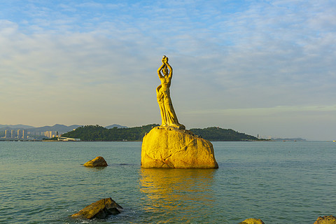 珠海日月貝扁平風地標建築簡約剪影手繪矢量珠海漁女插畫廣東省珠海市