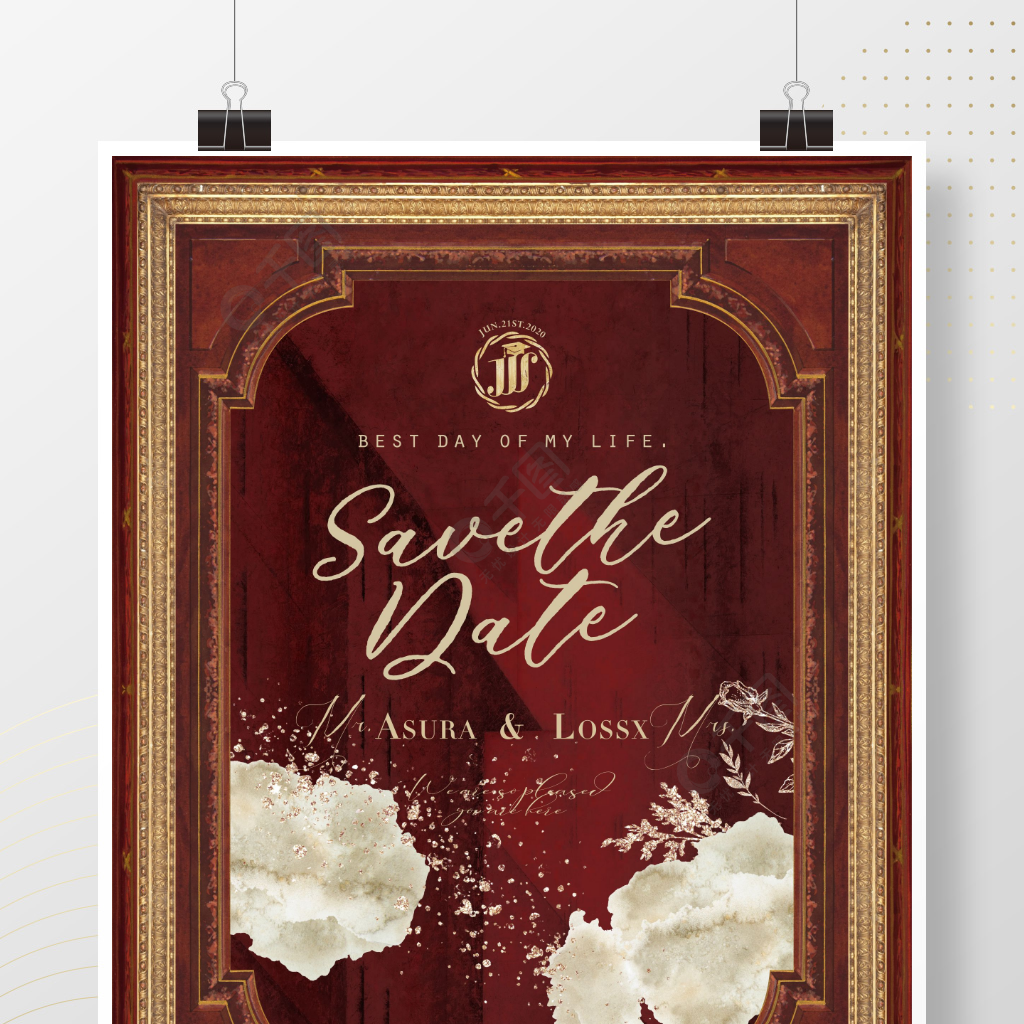 复古暗红欧式金色边框婚礼海报邀请函设计
