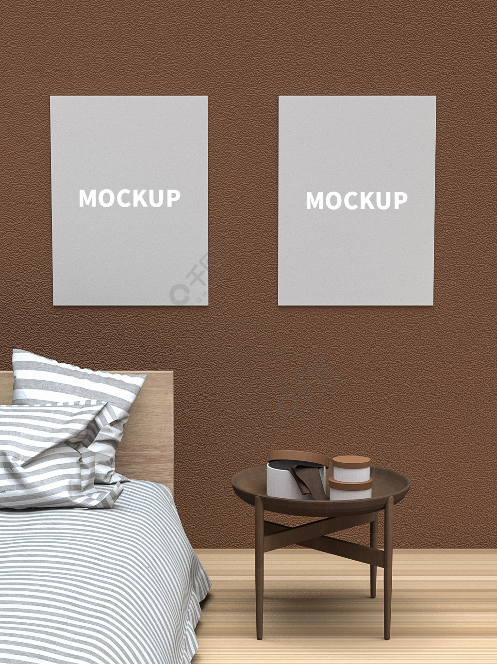 咖啡色室内卧室简约墙壁海报样机样机素材免费下载-千图样机www.