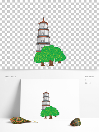 手繪綠樹白塔素材大樹