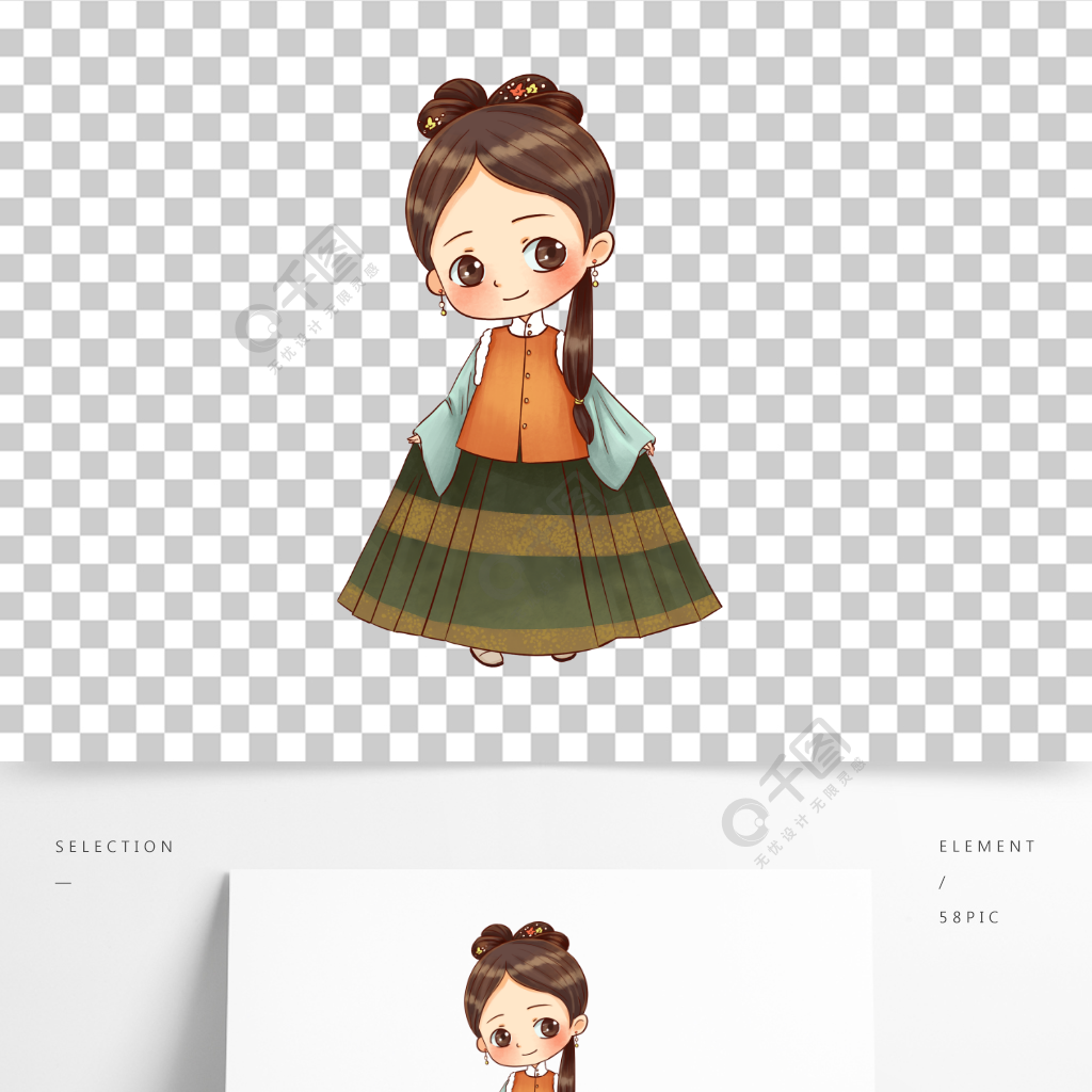 手绘q版汉服少女卡通插画免抠图psd元素