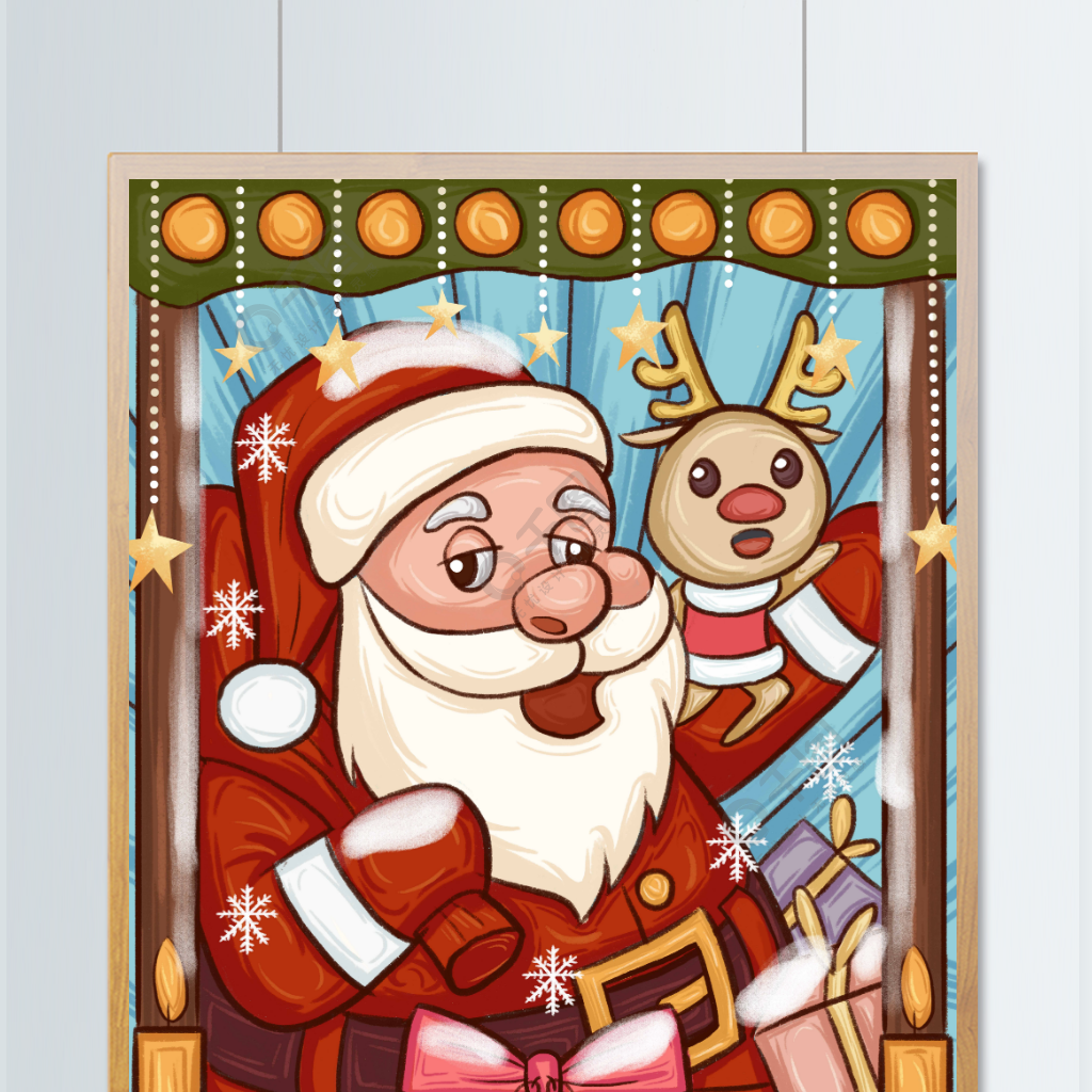 圣诞节圣诞老人与麋鹿国潮插画海报