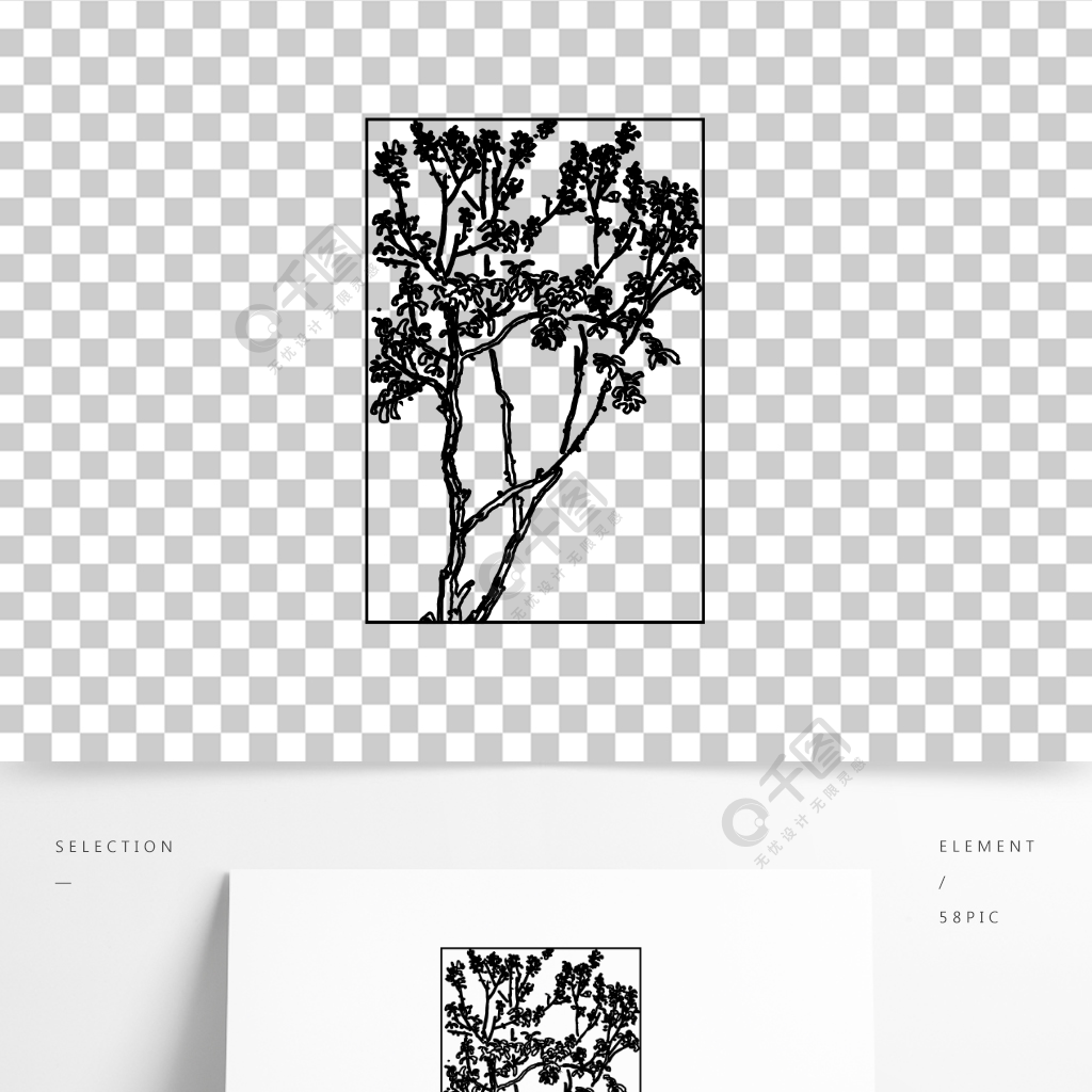 原创黑白线稿手绘插画桂花树
