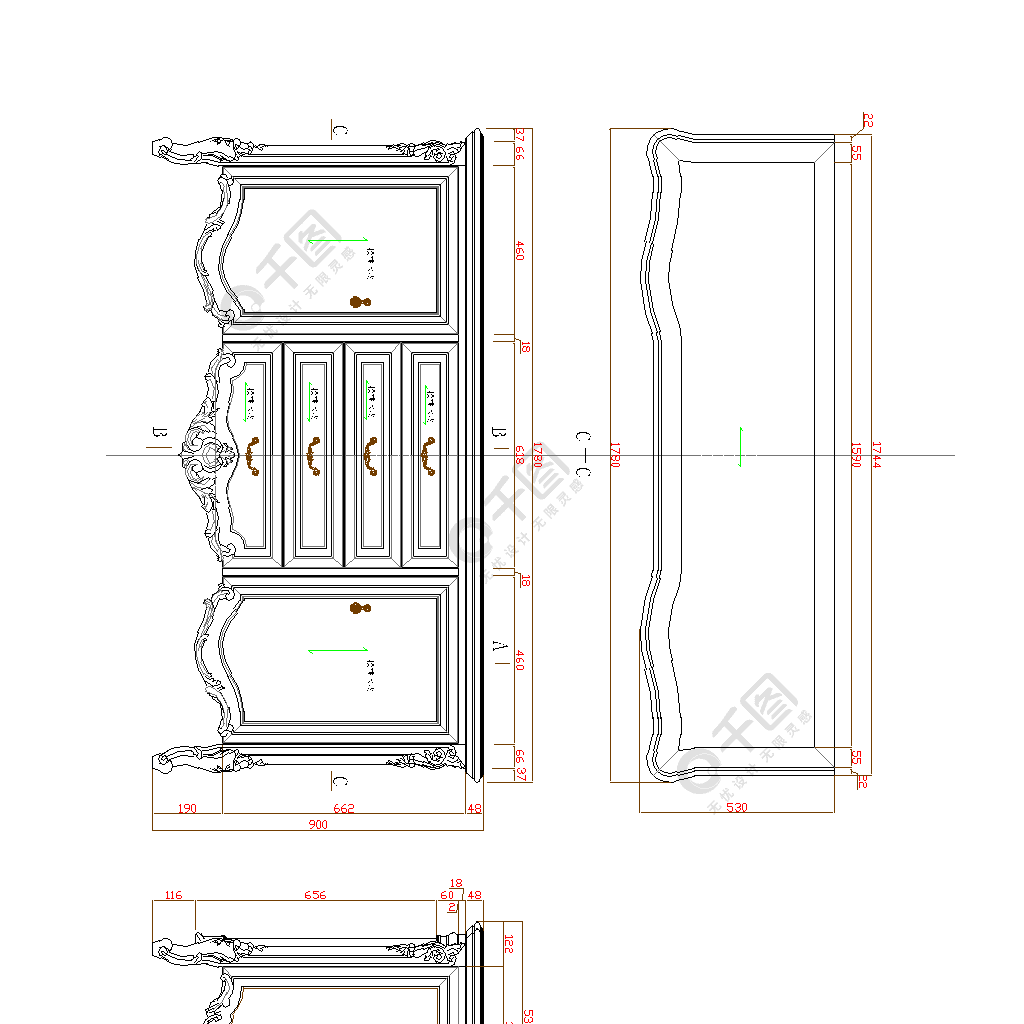 美式整木定制cad三视图餐边柜设计图免费下载_dwg格式_编号37199287