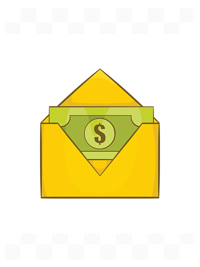 71在黄色纸信封象的美金在白色背景的动画片样式美元钞票在黄色纸信封