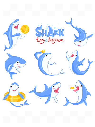 愤怒的水生动物卡通鲨鱼游泳海洋大牙齿蓝鱼微笑和各种姿势的哺乳动物