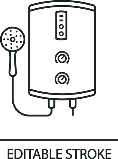 电动无罐热水器线性图标浴室热水细线图按需带花洒的家用锅炉轮廓符号