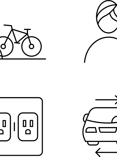 公寓设施线性图标设置自行车停车场,水疗中心,共享汽车服务,收费网点