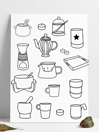 矢量图卡通黑白茶具厨具简笔画