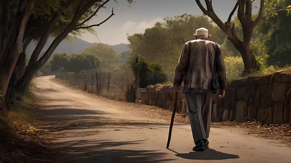 老人养老一位老人拄着拐杖独自行走的背影