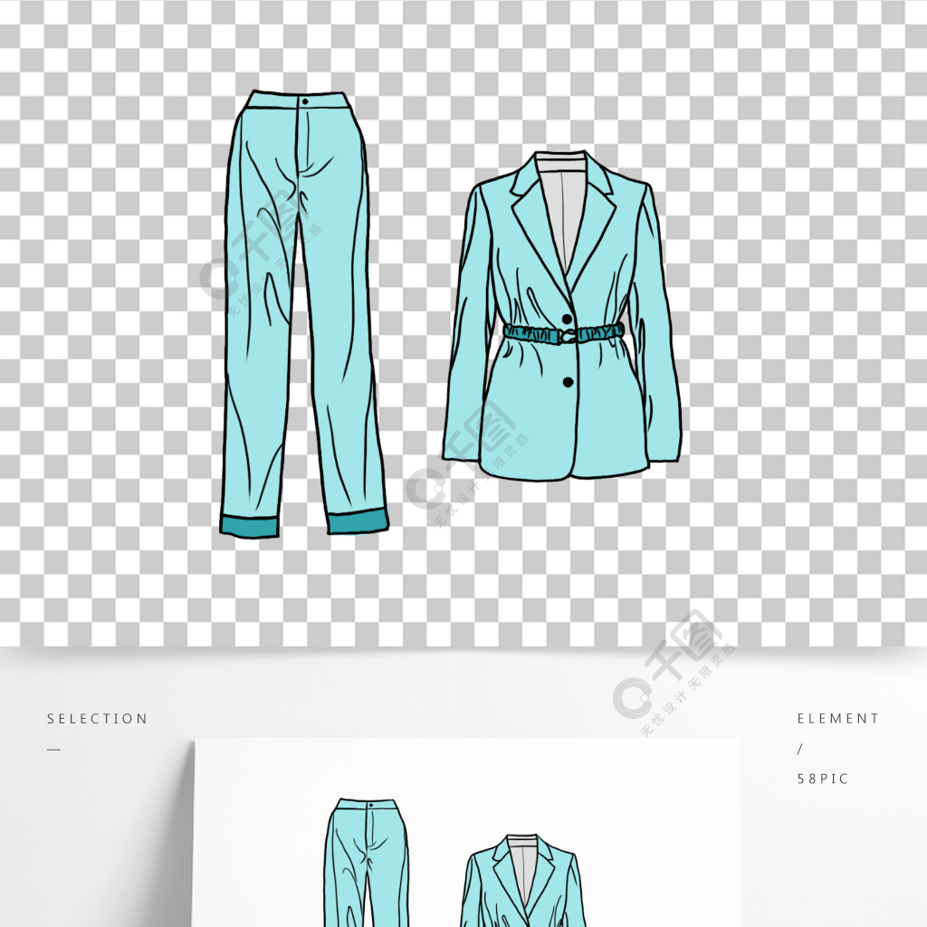 时尚休闲浅蓝色小西装衣服裤子套装手绘