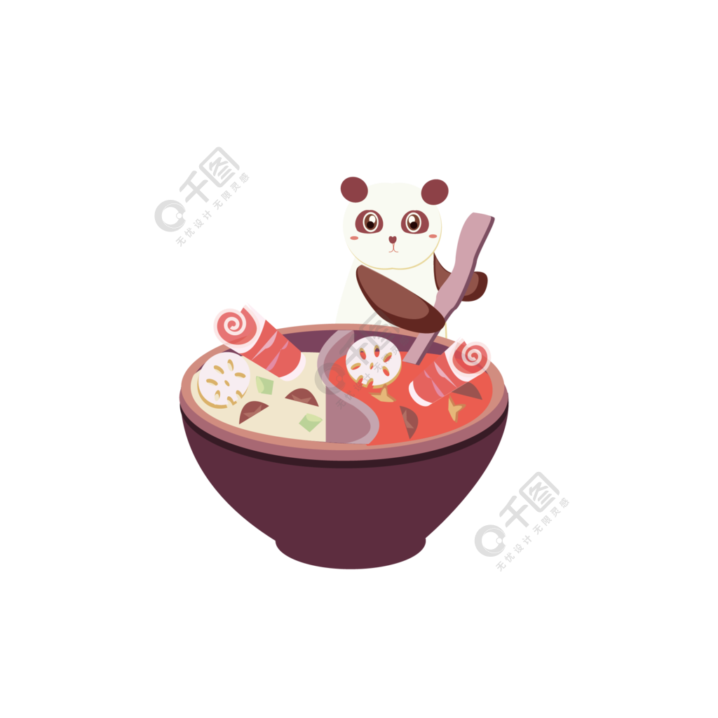 国潮扁平风格四川美食熊猫煮火锅插画美食背景素材