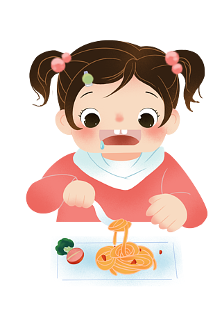 卡通吃饭可爱手绘小女孩吃意大利面