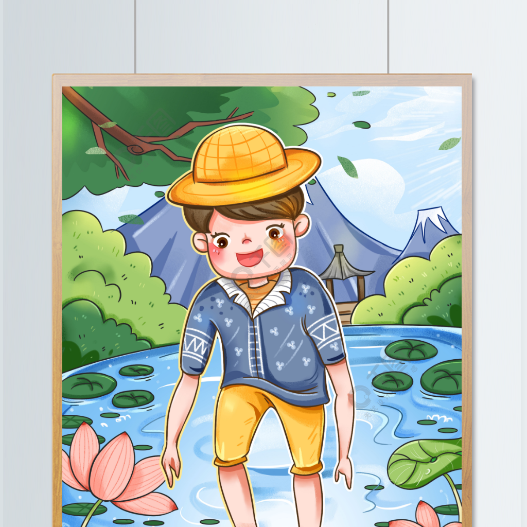 立夏节气池塘里抓鱼的男生插画