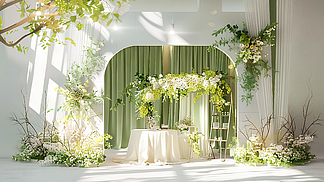 浪漫白色绿色婚礼迎宾区的效果图