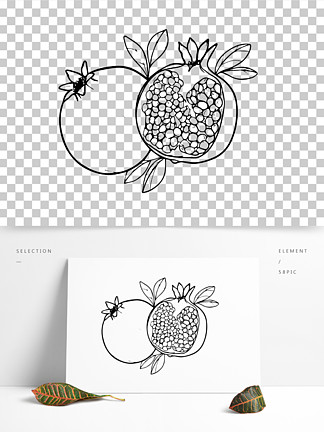 红石榴矢量黑白手绘线稿21289242可爱卡通简约水果音乐石榴打三角铁