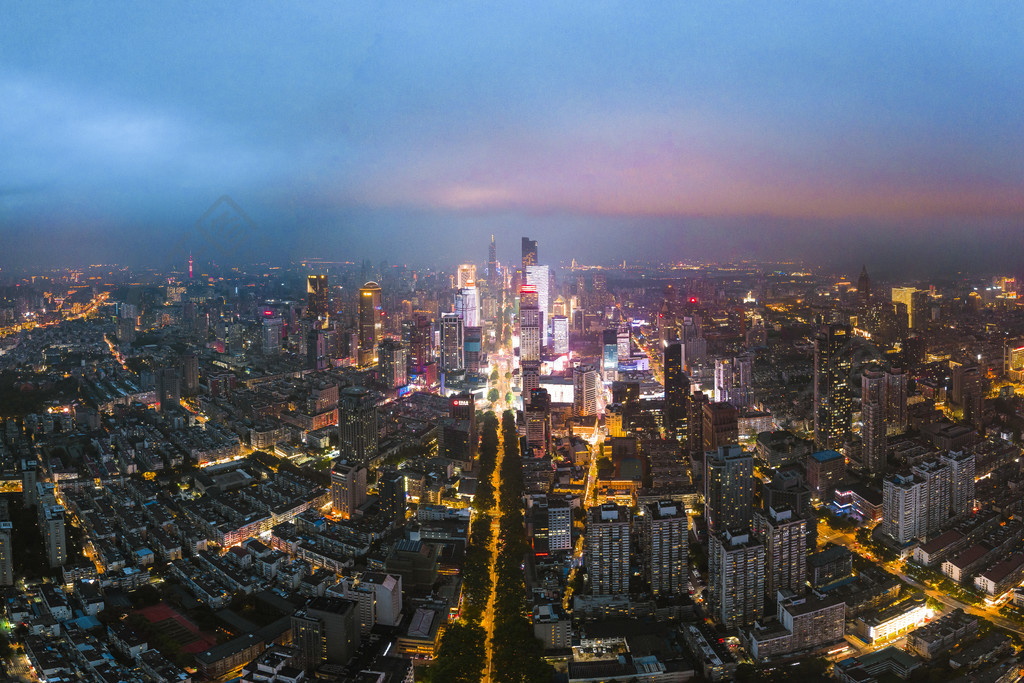 南京新街口繁华市中心高楼夜景全景航拍