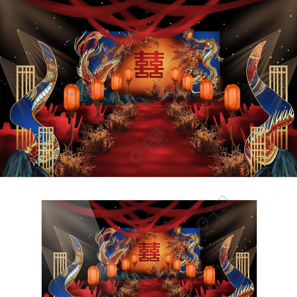 红蓝橙撞色新中式国风凤求凰主题婚礼效果图