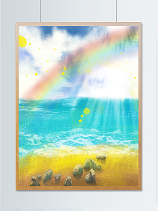 <i>手</i>绘的竖版海浪海滩和彩虹插画