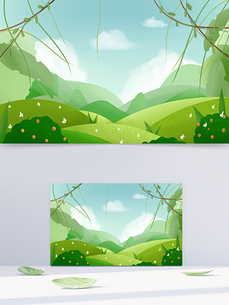 原创手绘蓝天草地森林绿色夏天卡通背景