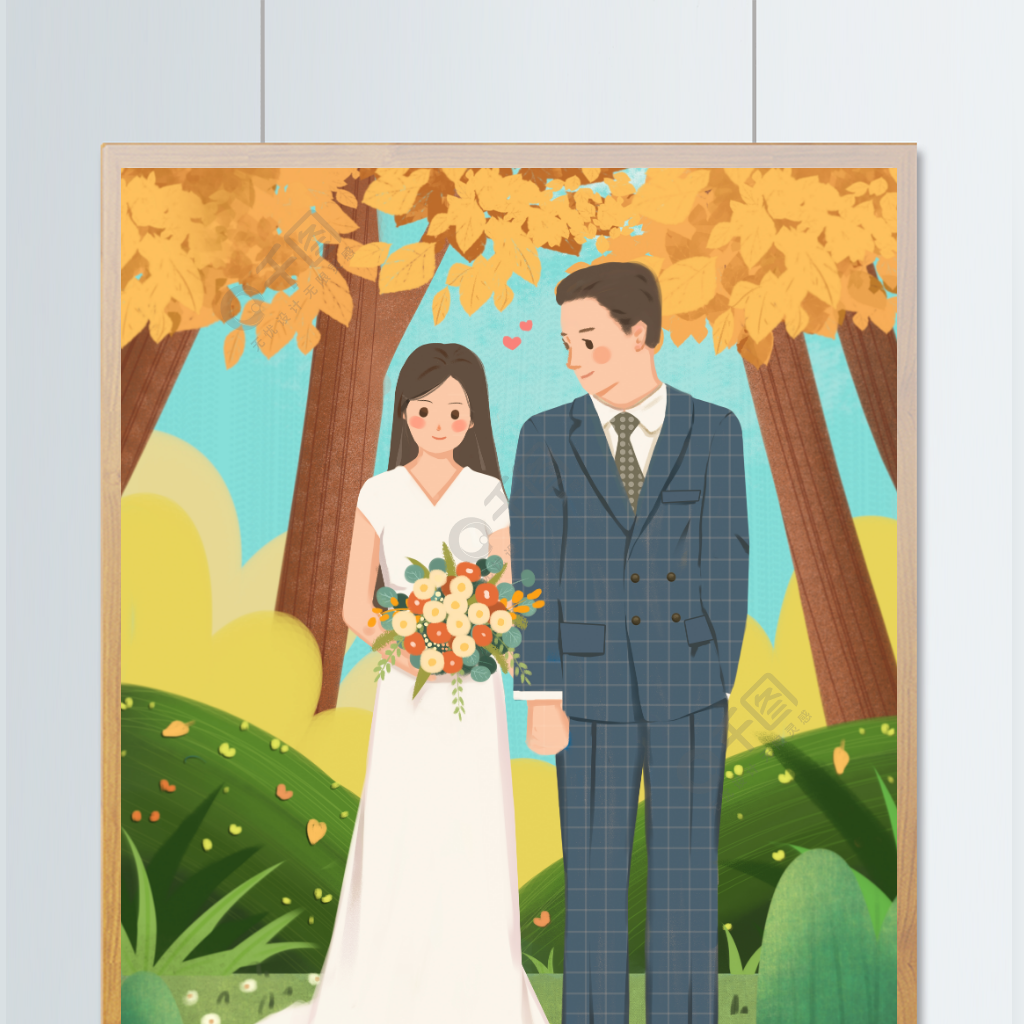 浪漫婚礼新人结婚插画花束新郎新娘结婚插图免费下载 插画图片 3543像素 千图网