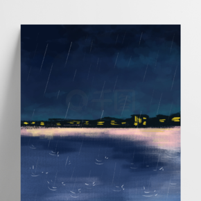 雨背景手绘下雨天晚上夜晚插画背景