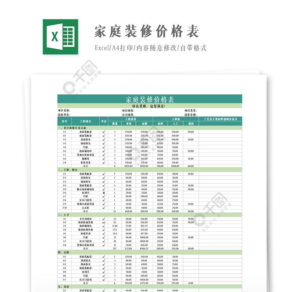 家庭裝修費用價格表預算表報價表模板免費下載_xlsx格式_編號40383032