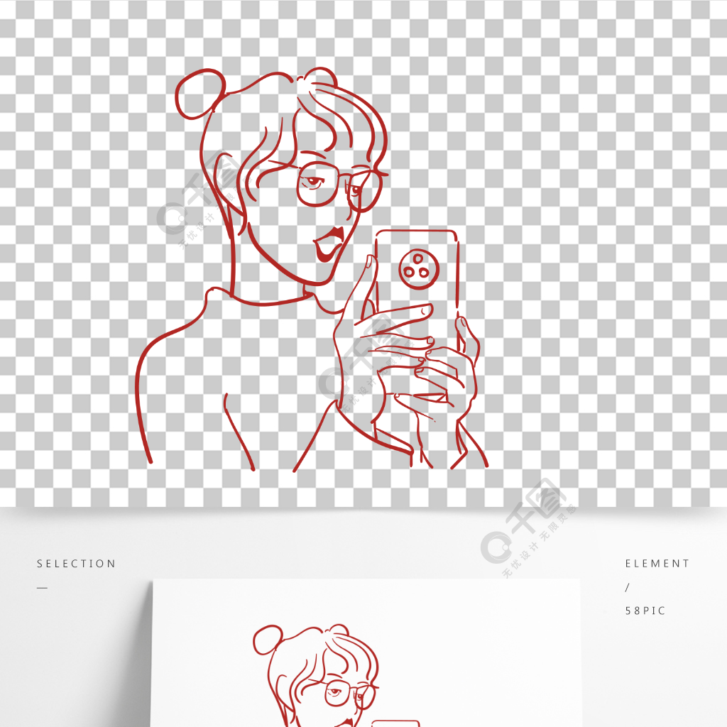自拍 女孩 丸子头 简笔画 手绘